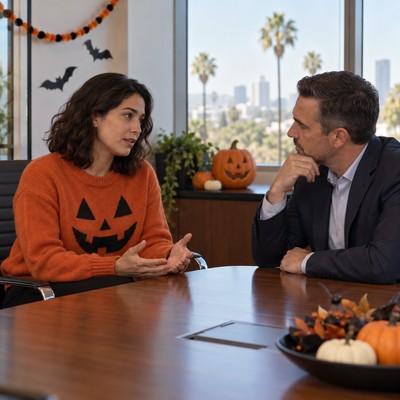 A California employee discusses a workplace concern with a manager after an office Halloween gathering.