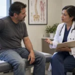 An injured California worker discusses persistent back pain and return-to-work concerns with a doctor.