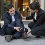 California business traveler receiving help after an ankle injury during a work trip.