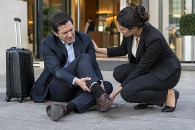 California business traveler receiving help after an ankle injury during a work trip.